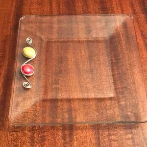 Square Glass Plate with Red and Yellow Accents